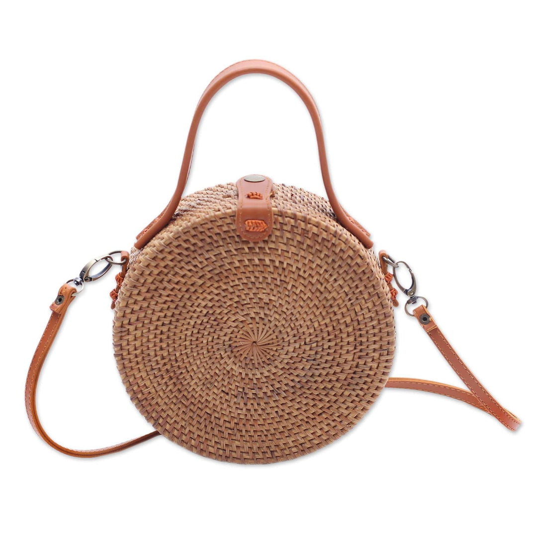 Round Brown Woven Bamboo Shoulder Bag from Bali (8 inch) - Brown Wheel