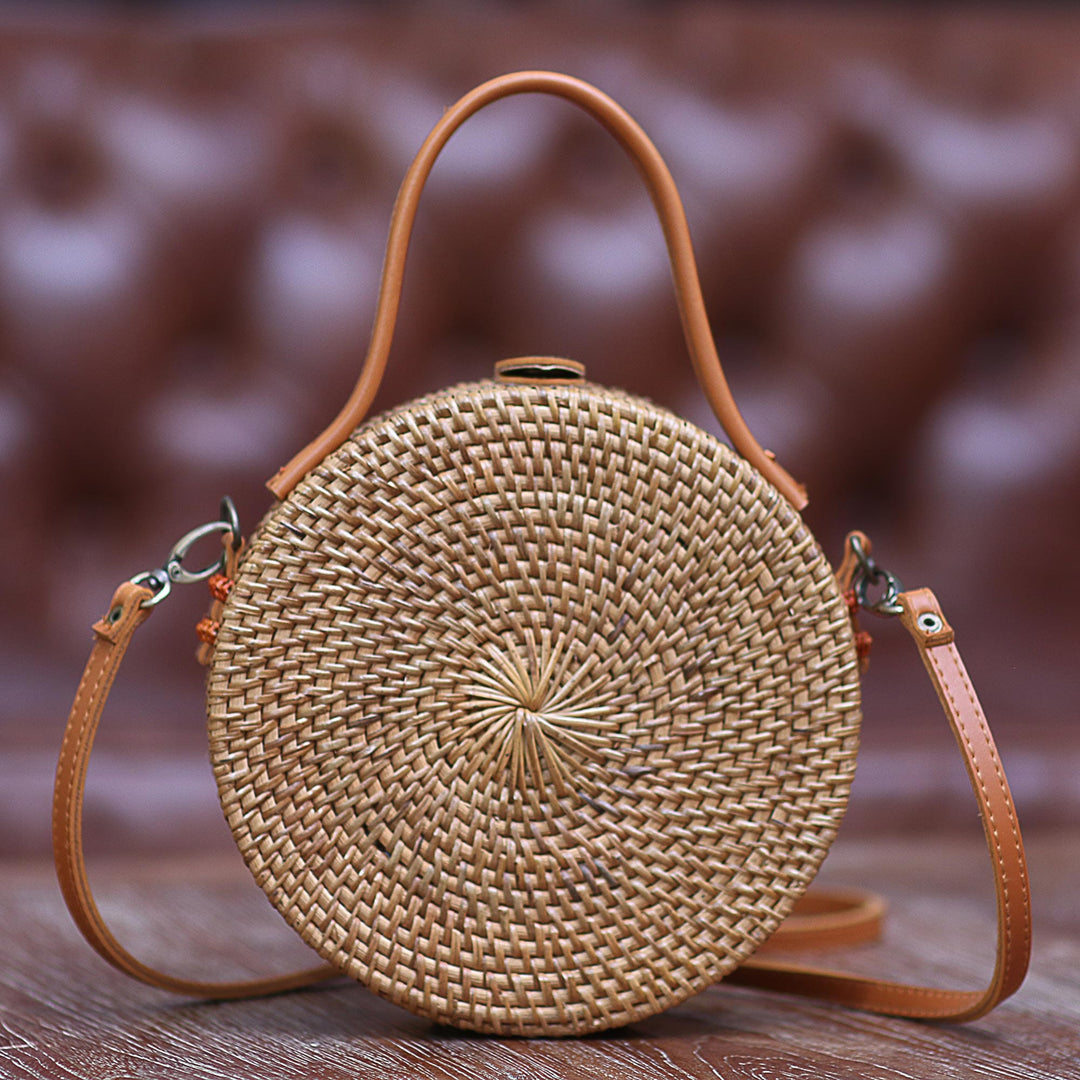 Round Brown Woven Bamboo Shoulder Bag from Bali (8 inch) - Brown Wheel
