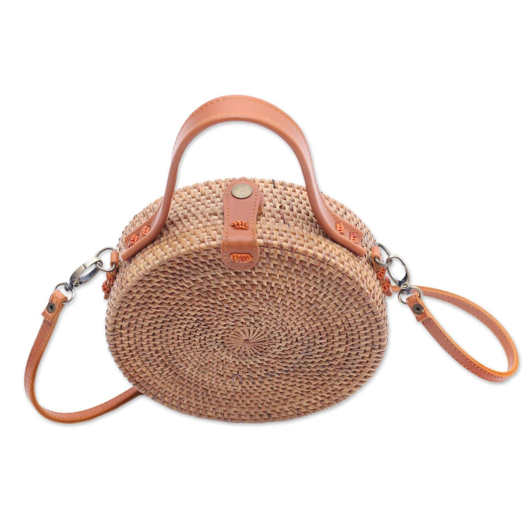 Round Brown Woven Bamboo Shoulder Bag from Bali (8 inch) - Brown Wheel
