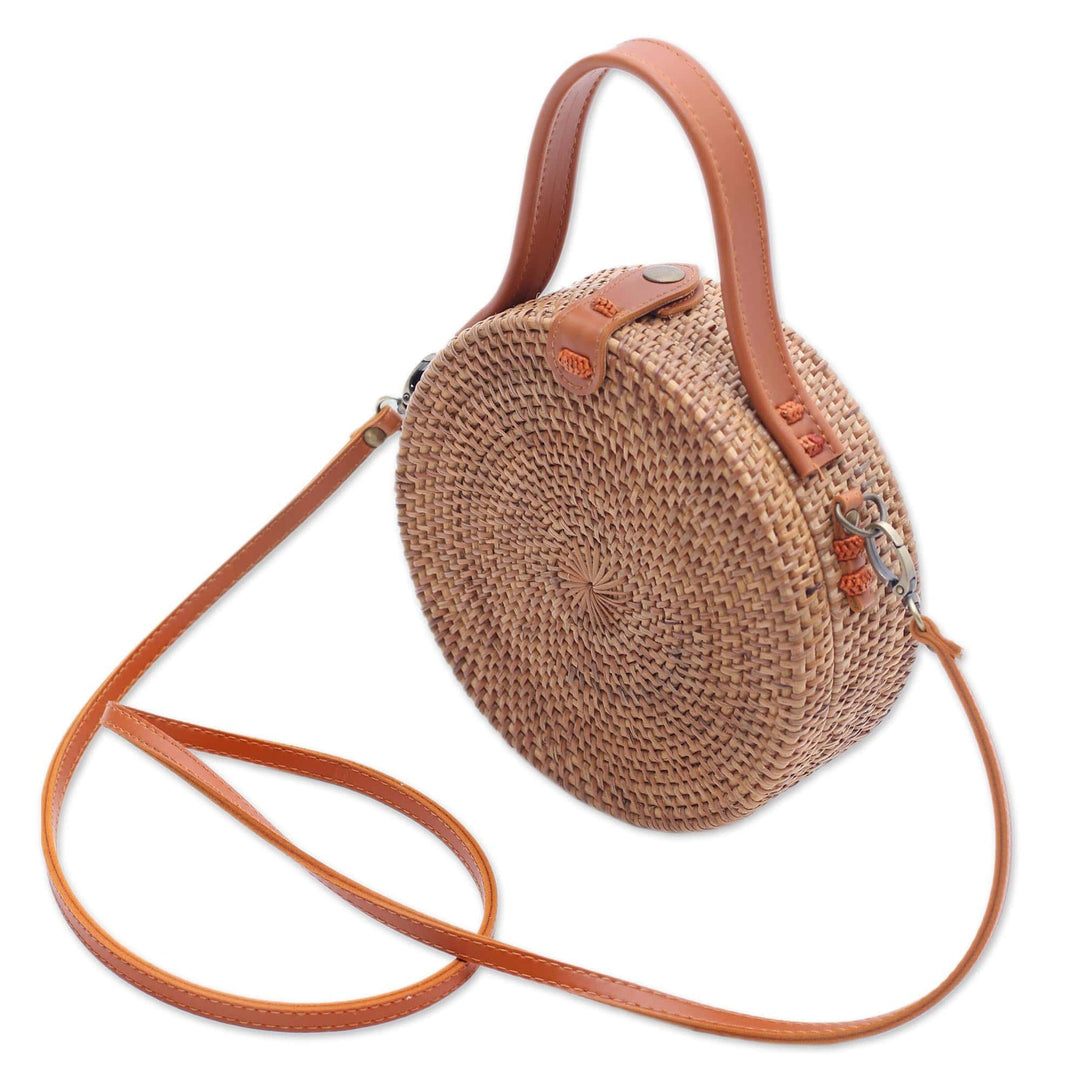 Round Brown Woven Bamboo Shoulder Bag from Bali (8 inch) - Brown Wheel