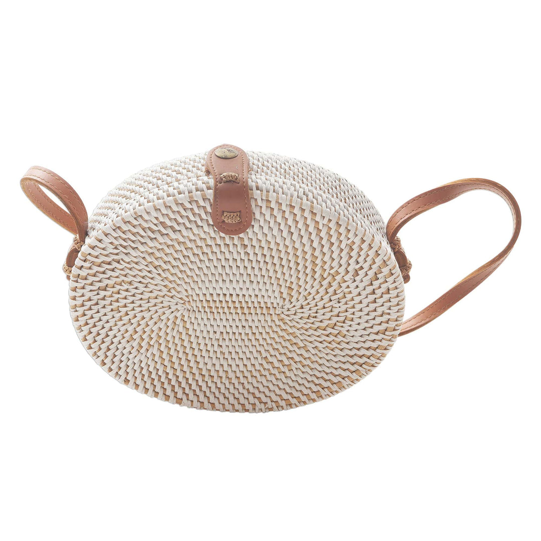 White Oval Bamboo Shoulder Bag with Faux Leather Strap - White Island Oval
