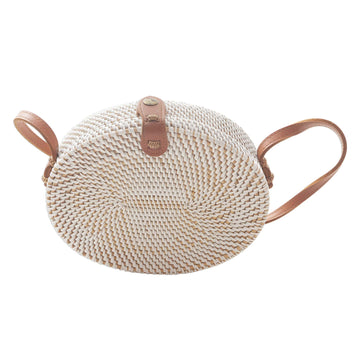 White Oval Bamboo Shoulder Bag with Faux Leather Strap - White Island Oval