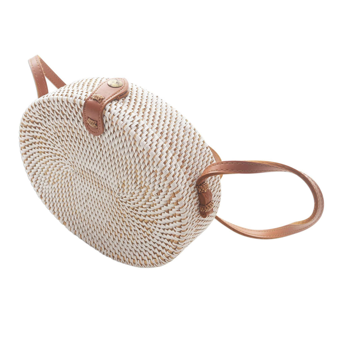 White Oval Bamboo Shoulder Bag with Faux Leather Strap - White Island Oval