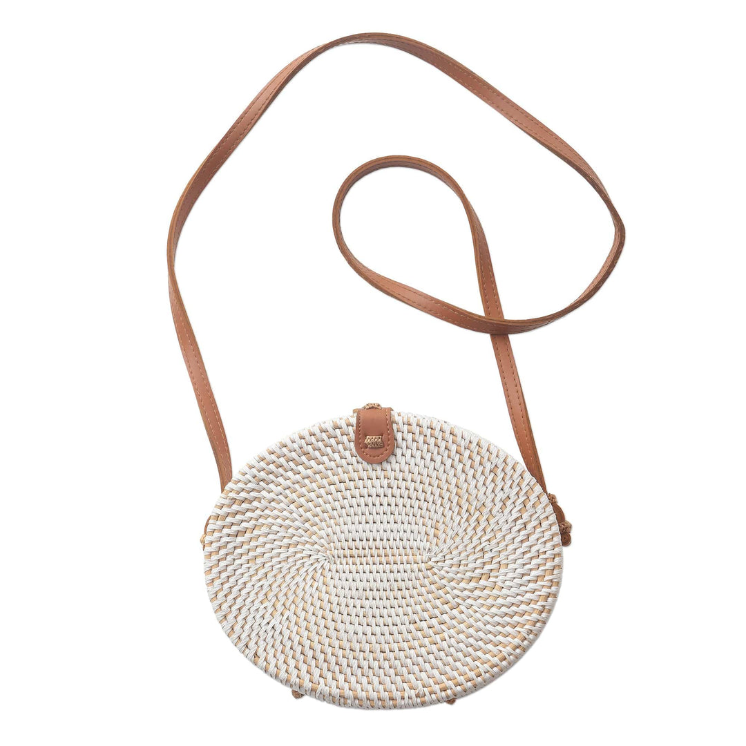 White Oval Bamboo Shoulder Bag with Faux Leather Strap - White Island Oval