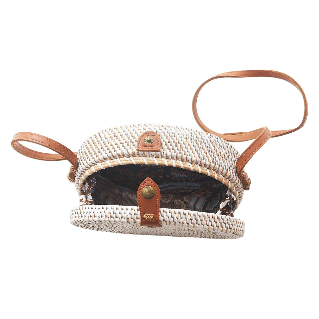White Oval Bamboo Shoulder Bag with Faux Leather Strap - White Island Oval