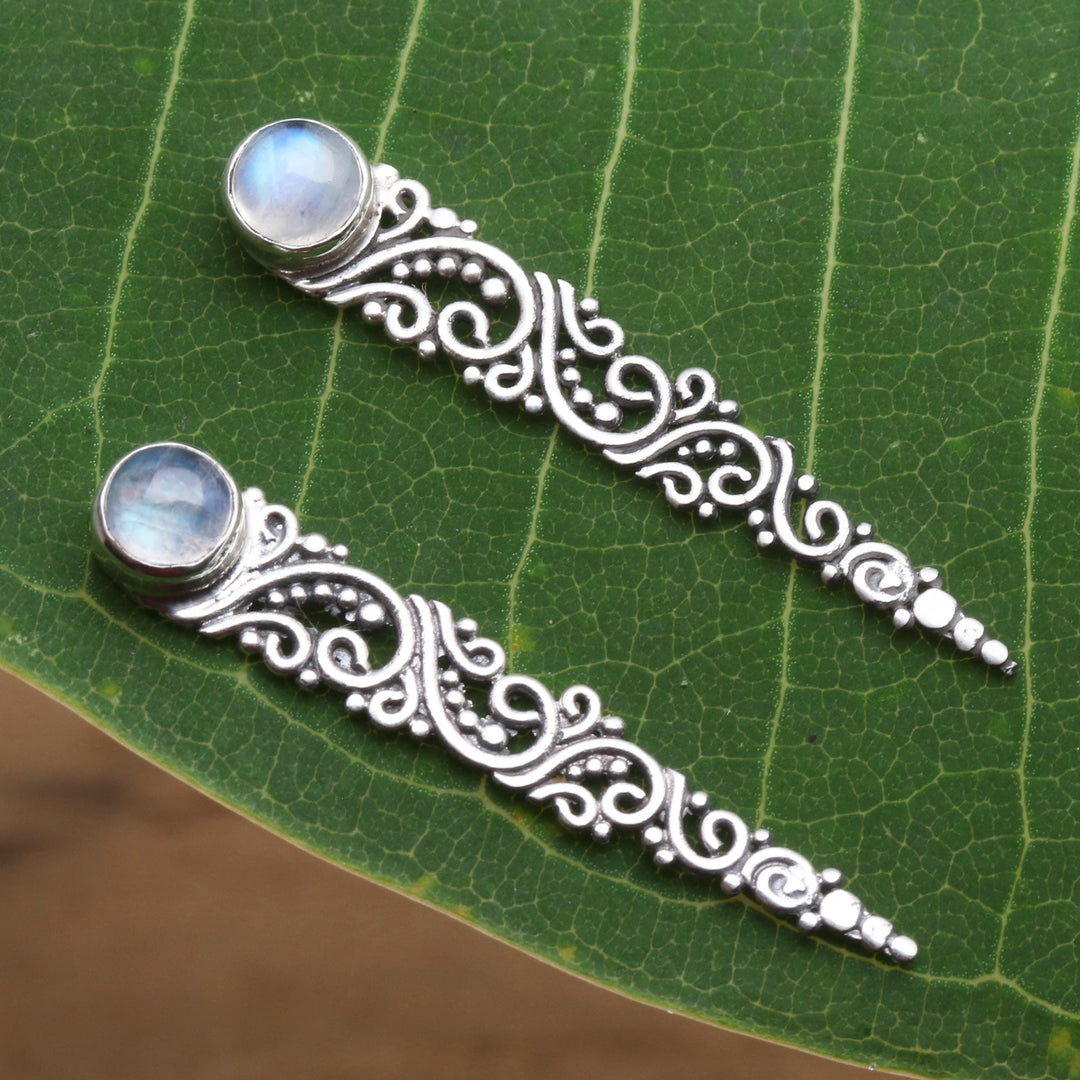 Rainbow Moonstone Ear Climber Style Earrings - Bali Comet