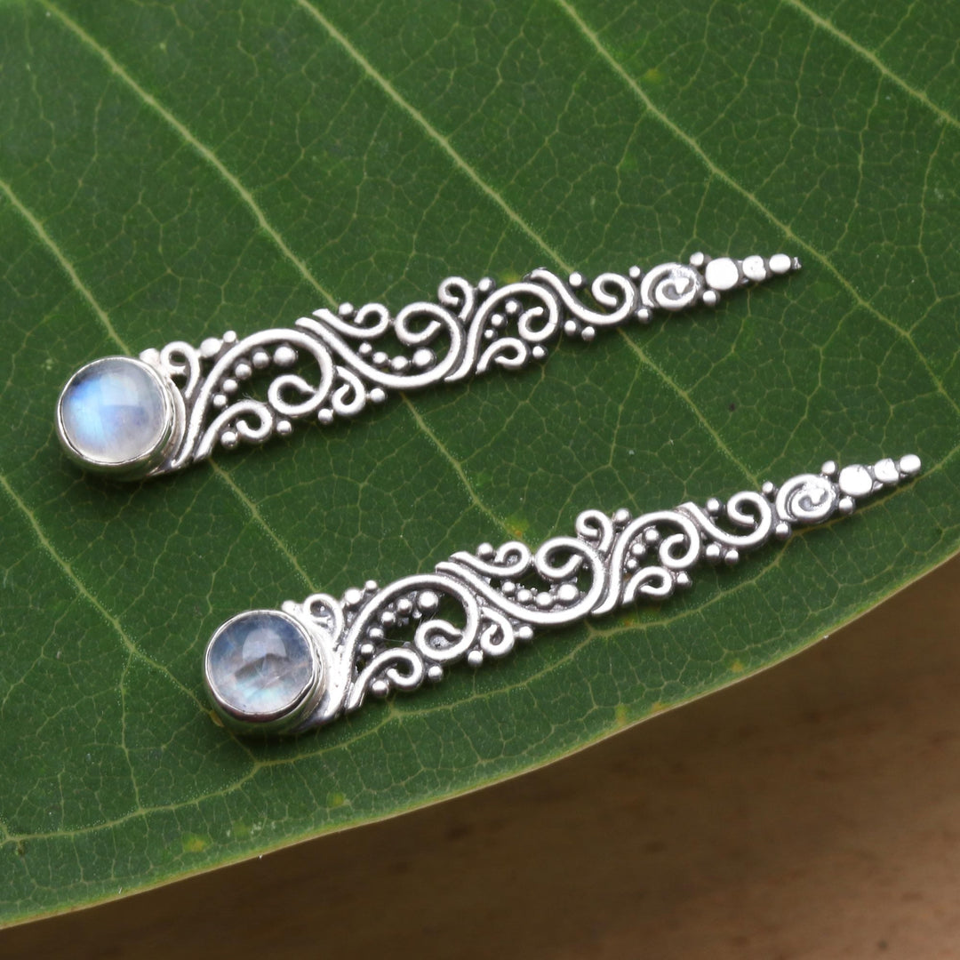 Rainbow Moonstone Ear Climber Style Earrings - Bali Comet