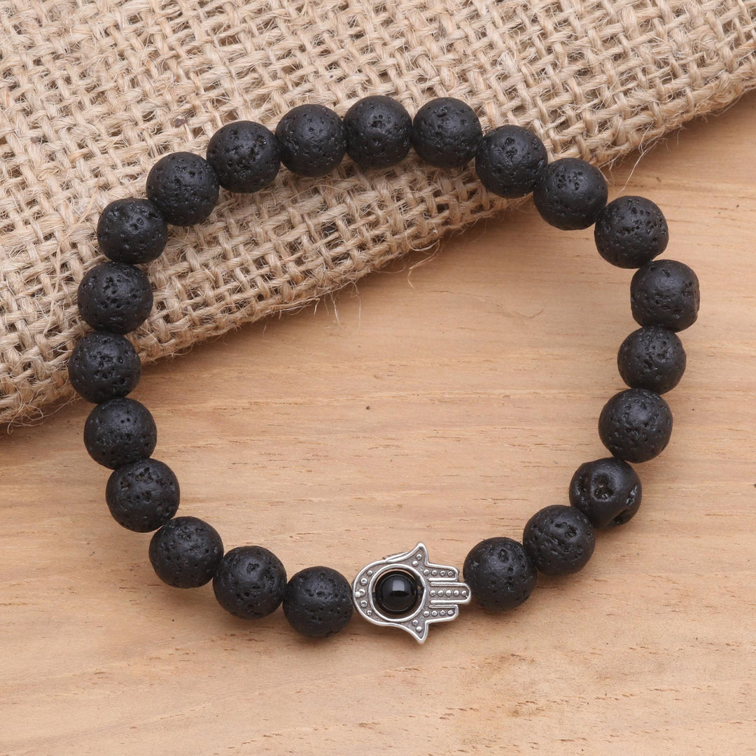 Hamsa Hand Lava Stone Stretch Bracelet with Onyx - Hamsa Hand