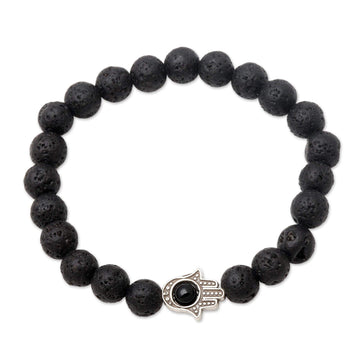 Hamsa Hand Lava Stone Stretch Bracelet with Onyx - Hamsa Hand