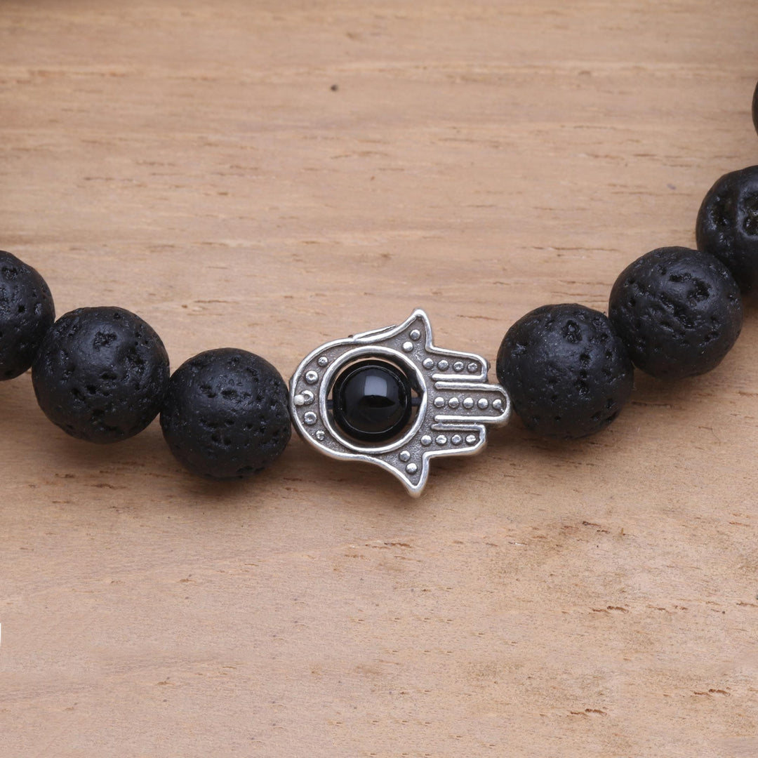 Hamsa Hand Lava Stone Stretch Bracelet with Onyx - Hamsa Hand