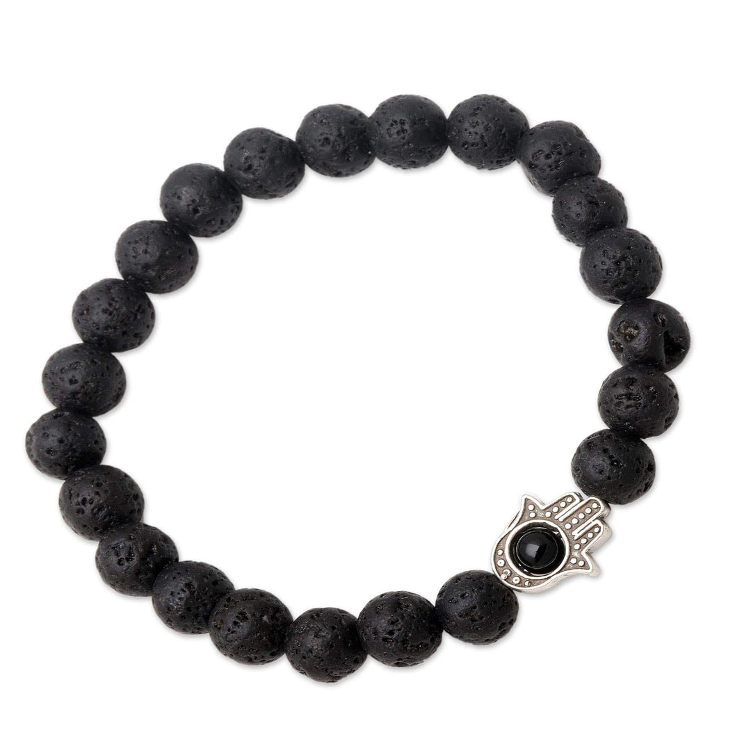 Hamsa Hand Lava Stone Stretch Bracelet with Onyx - Hamsa Hand
