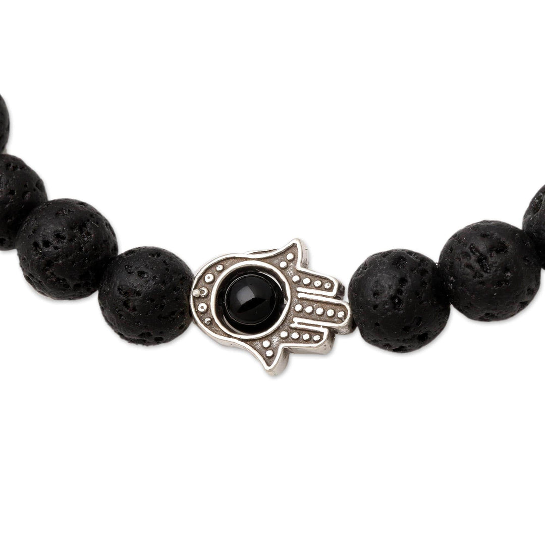 Hamsa Hand Lava Stone Stretch Bracelet with Onyx - Hamsa Hand