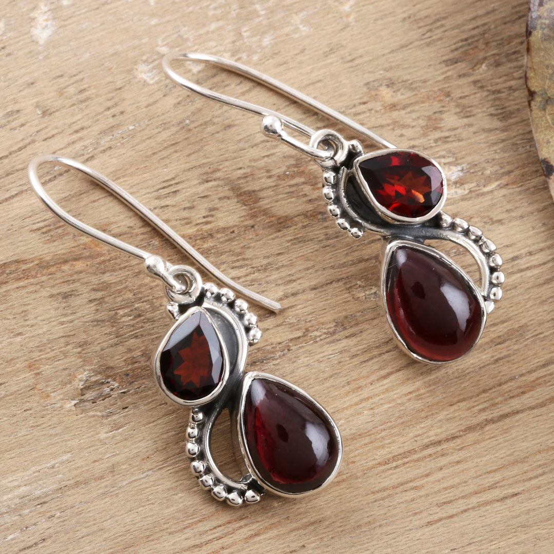 Faceted and Cabochon Garnet Dangle Earrings - Fireglow