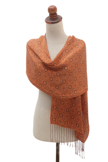 Handmade Silk Batik Scarf in Orange and Black - Aster Orange