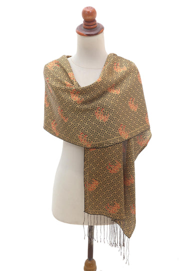 Maze Pattern Silk Batik Scarf with Fringe - Maze