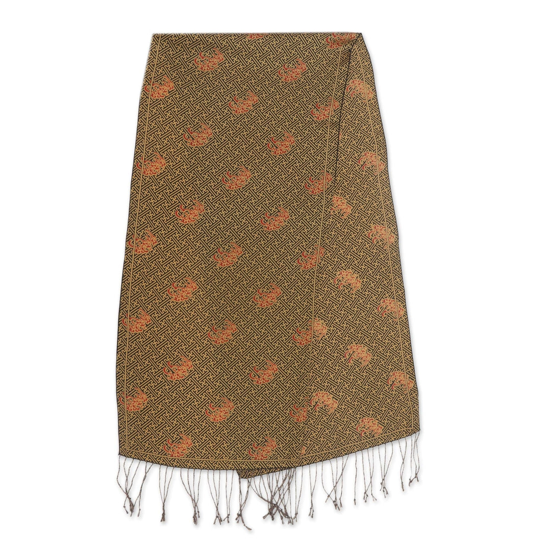 Maze Pattern Silk Batik Scarf with Fringe - Maze