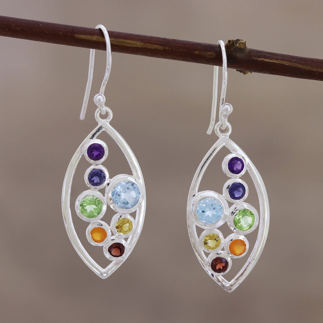 Sterling Silver Dangle Earrings with Chakra Gemstones - Leafy Chakra