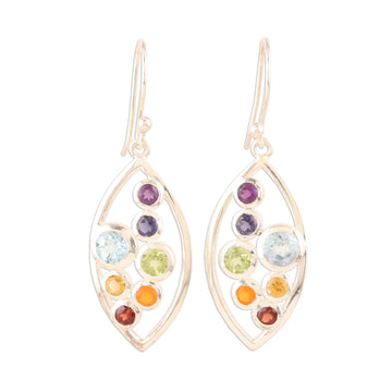Sterling Silver Dangle Earrings with Chakra Gemstones - Leafy Chakra