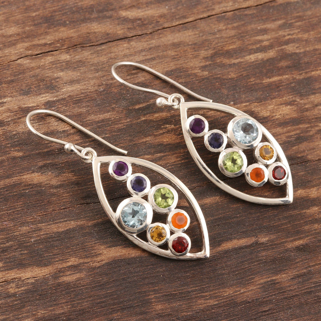 Sterling Silver Dangle Earrings with Chakra Gemstones - Leafy Chakra