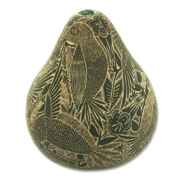 Peruvian Engraved Dried Gourd Green Hummingbird Figurine - Andean Hummingbird