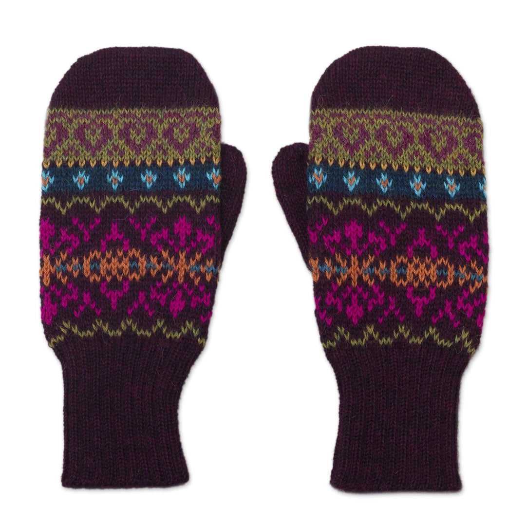 Dark Purple and Multicolored 100% Alpaca Mittens - Inca Aubergine