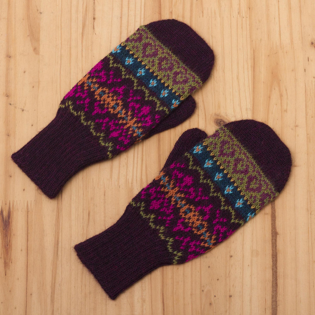 Dark Purple and Multicolored 100% Alpaca Mittens - Inca Aubergine
