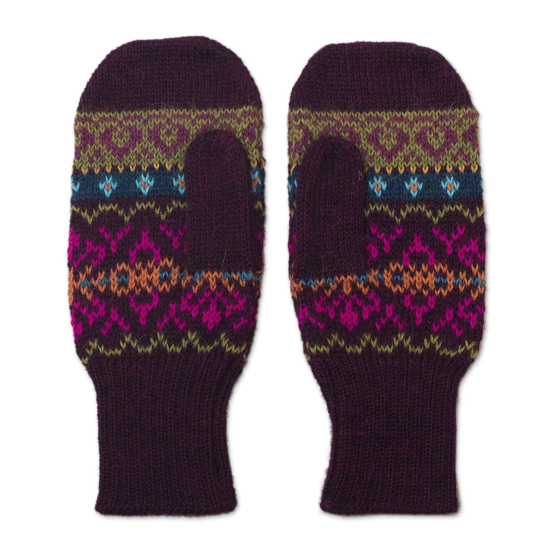 Dark Purple and Multicolored 100% Alpaca Mittens - Inca Aubergine
