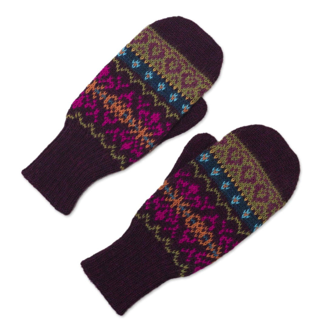Dark Purple and Multicolored 100% Alpaca Mittens - Inca Aubergine