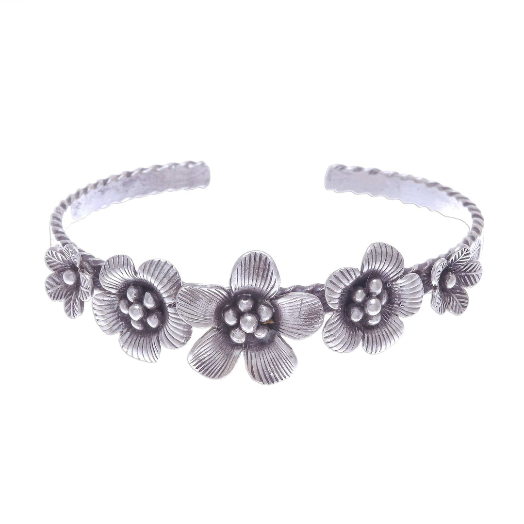 Oxidized Silver Floral Cuff Bracelet - Five Flowers