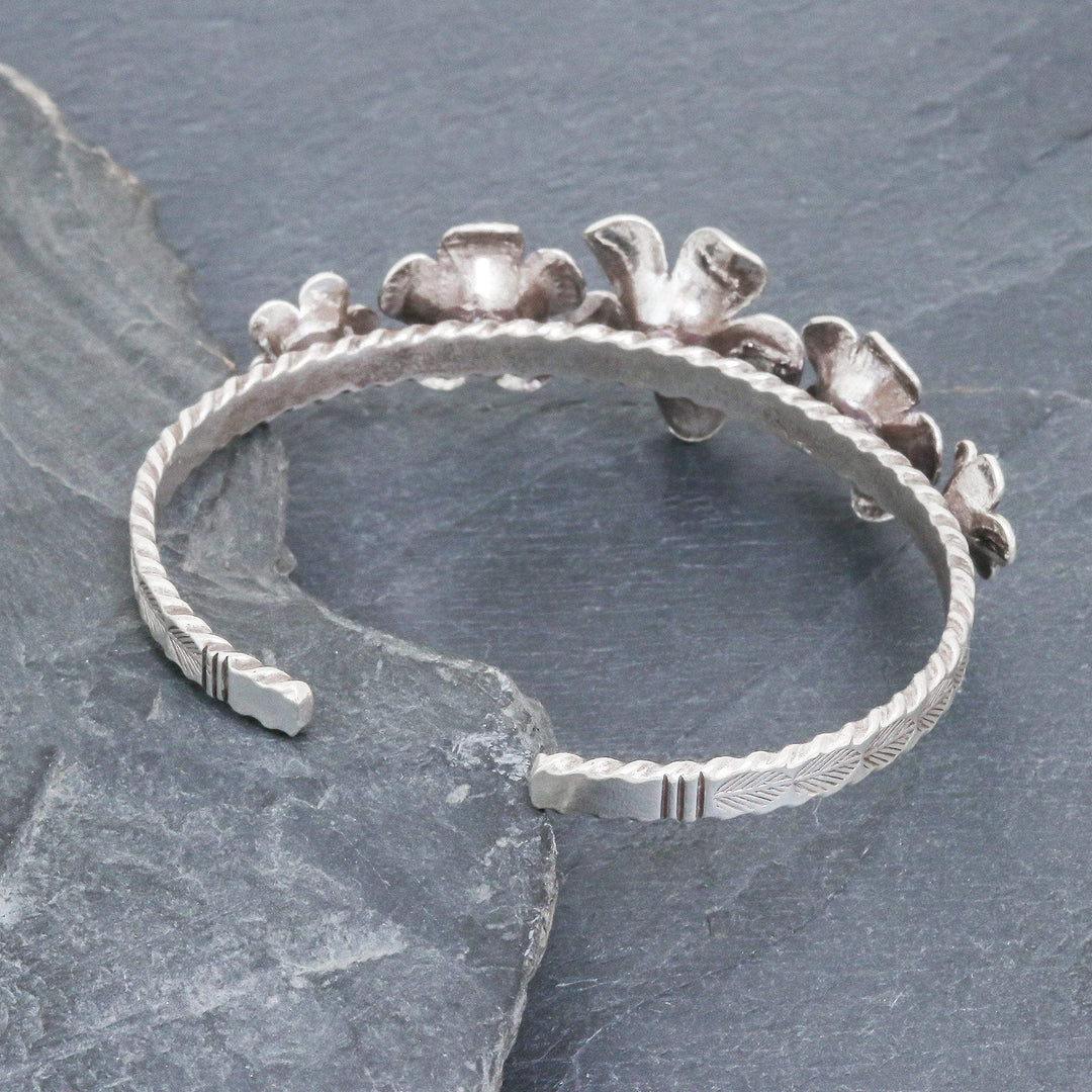 Oxidized Silver Floral Cuff Bracelet - Five Flowers