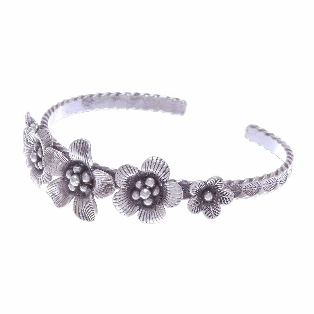 Oxidized Silver Floral Cuff Bracelet - Five Flowers