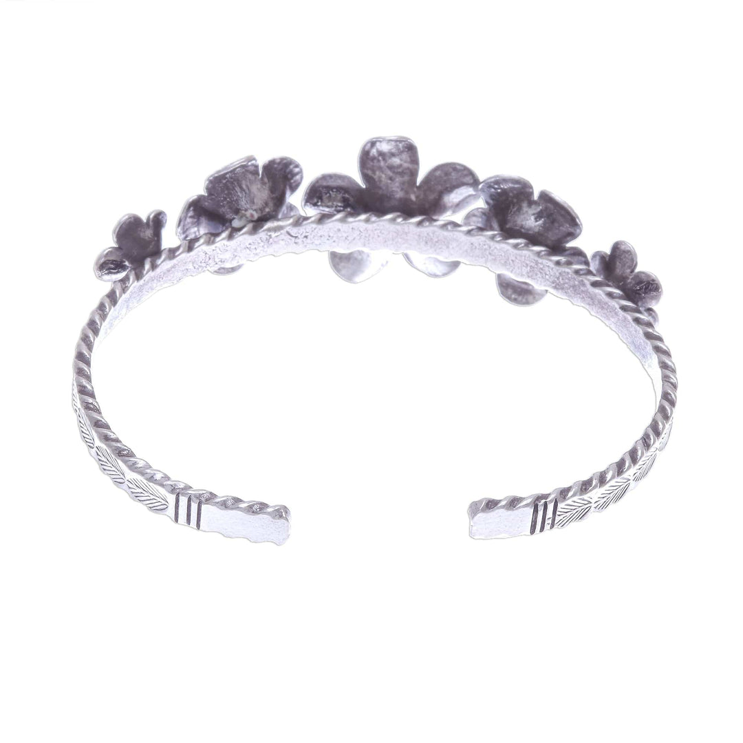 Oxidized Silver Floral Cuff Bracelet - Five Flowers