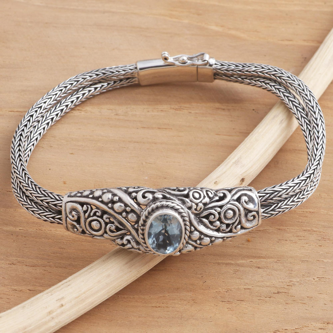 Balinese Blue Topaz Bracelet with Sterling Silver Naga Chain - Double Naga