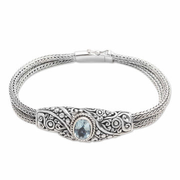 Balinese Blue Topaz Bracelet with Sterling Silver Naga Chain - Double Naga