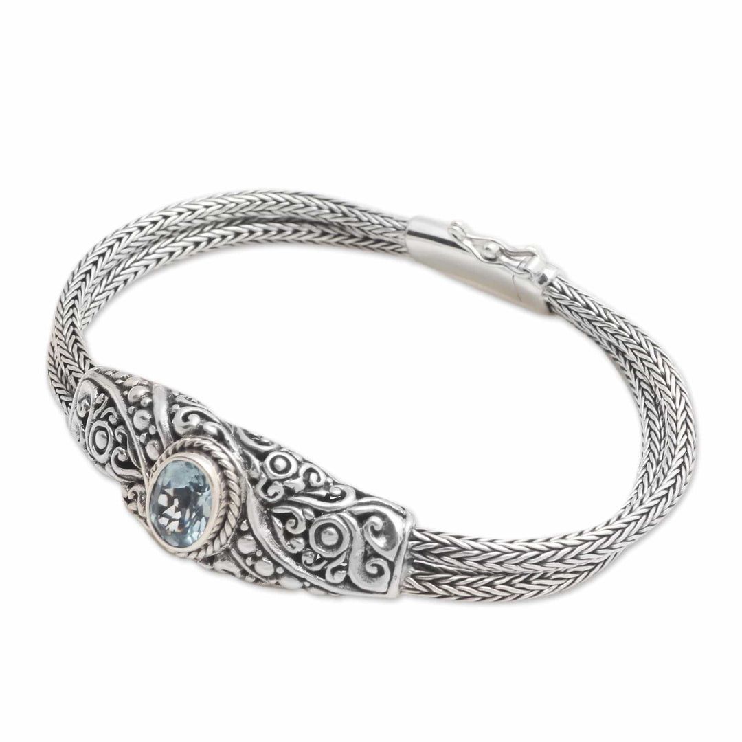 Balinese Blue Topaz Bracelet with Sterling Silver Naga Chain - Double Naga