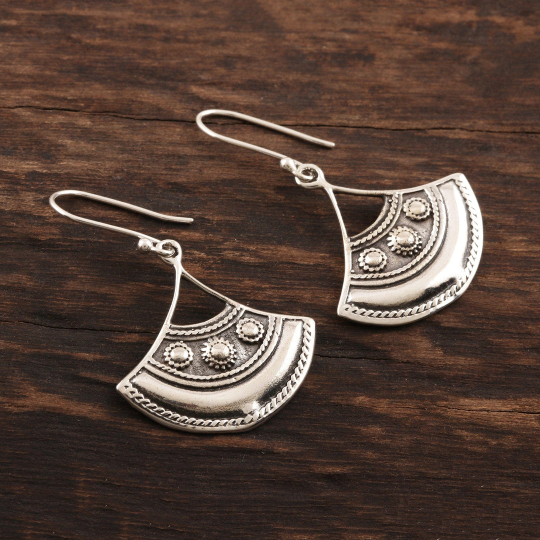 Fan-Shaped Sterling Silver Dangle Earrings - Antique Fan