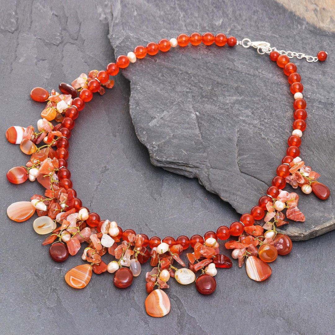 Artisan Crafted Pearl-Chalcedony-Carnelian Necklace - Peach Tone Beauty