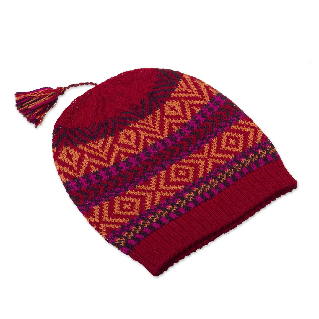 Crimson Tasseled Knit 100% Alpaca Hat - Inca Festival in Red