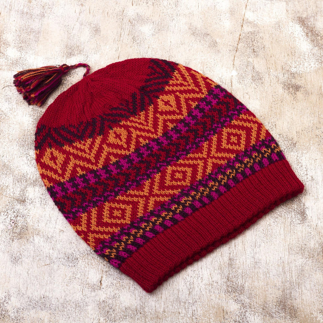 Crimson Tasseled Knit 100% Alpaca Hat - Inca Festival in Red