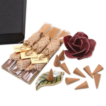 Incense and Ceramic Holders Gift Set - Burgundy Rose