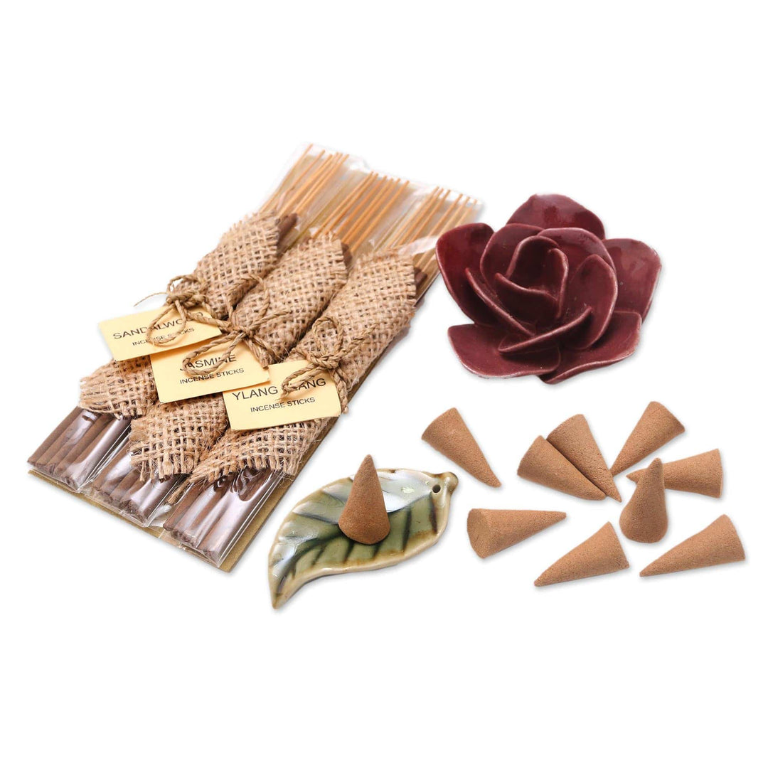 Incense and Ceramic Holders Gift Set - Burgundy Rose
