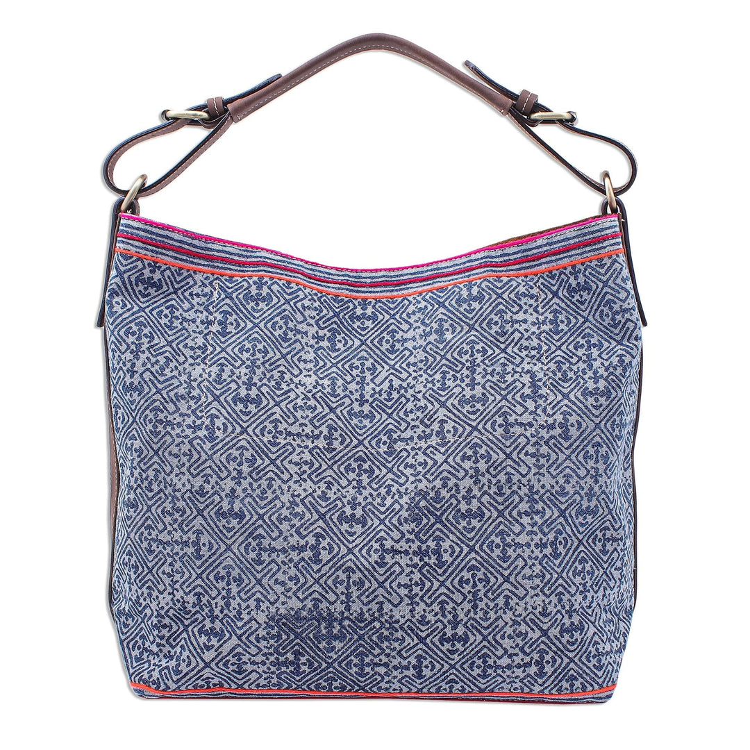 Leather Trimmed Hmong Batik Shoulder Bag - Hmong Accent