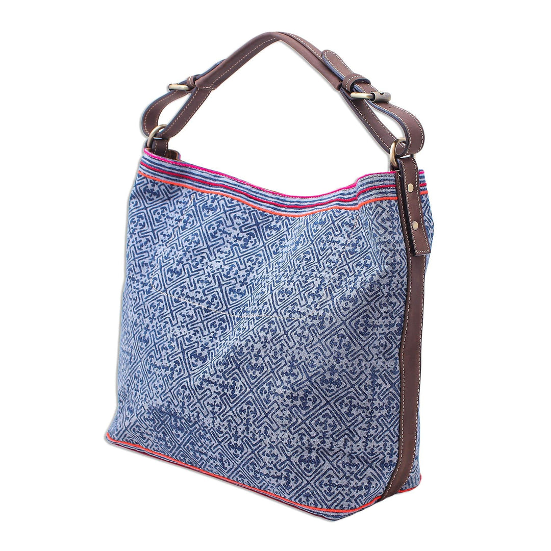 Leather Trimmed Hmong Batik Shoulder Bag - Hmong Accent