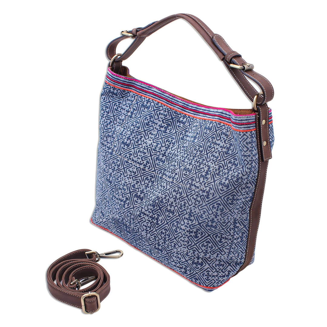 Leather Trimmed Hmong Batik Shoulder Bag - Hmong Accent