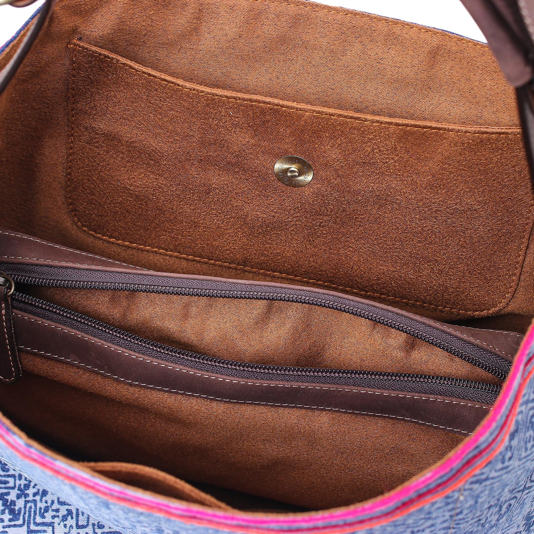 Leather Trimmed Hmong Batik Shoulder Bag - Hmong Accent