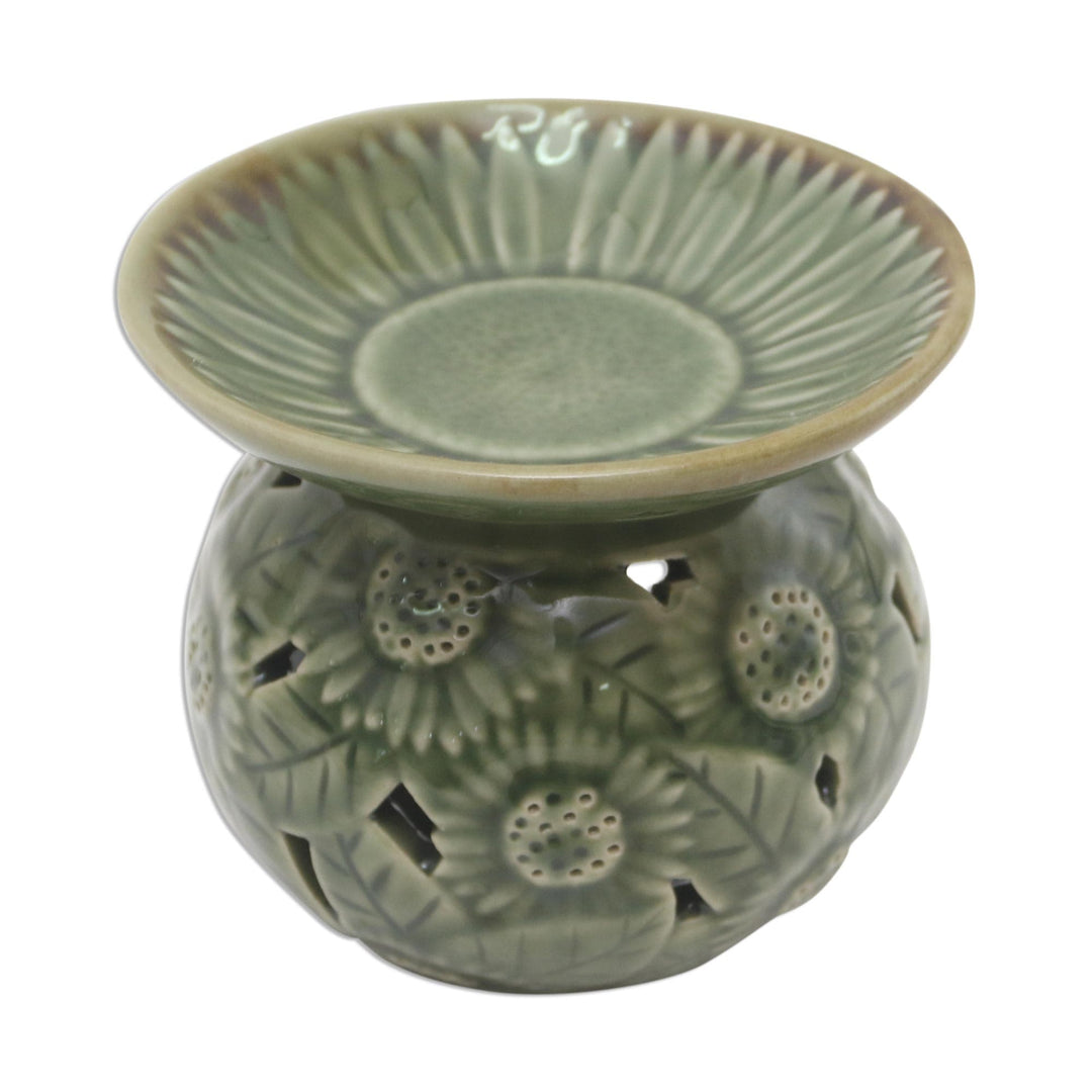 Sunflower Motif Green Ceramic Oil Warmer - Fragrant Sunflower