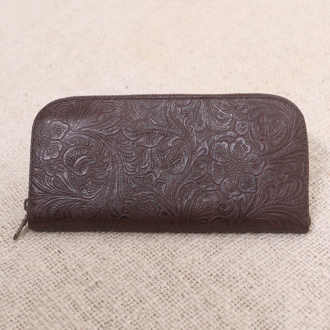 Hand Tooled Brown leather Wallet - Flowers of Ubud in Brown