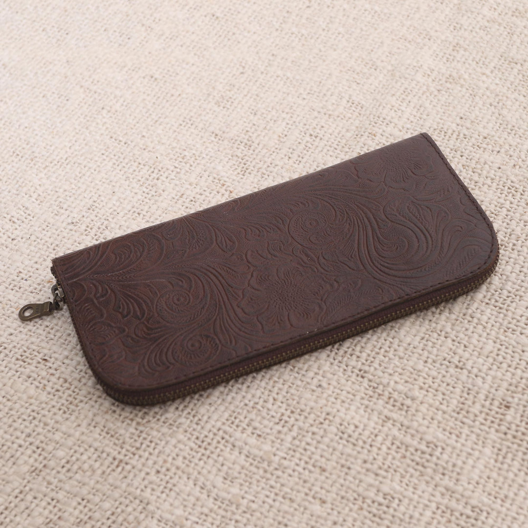 Hand Tooled Brown leather Wallet - Flowers of Ubud in Brown