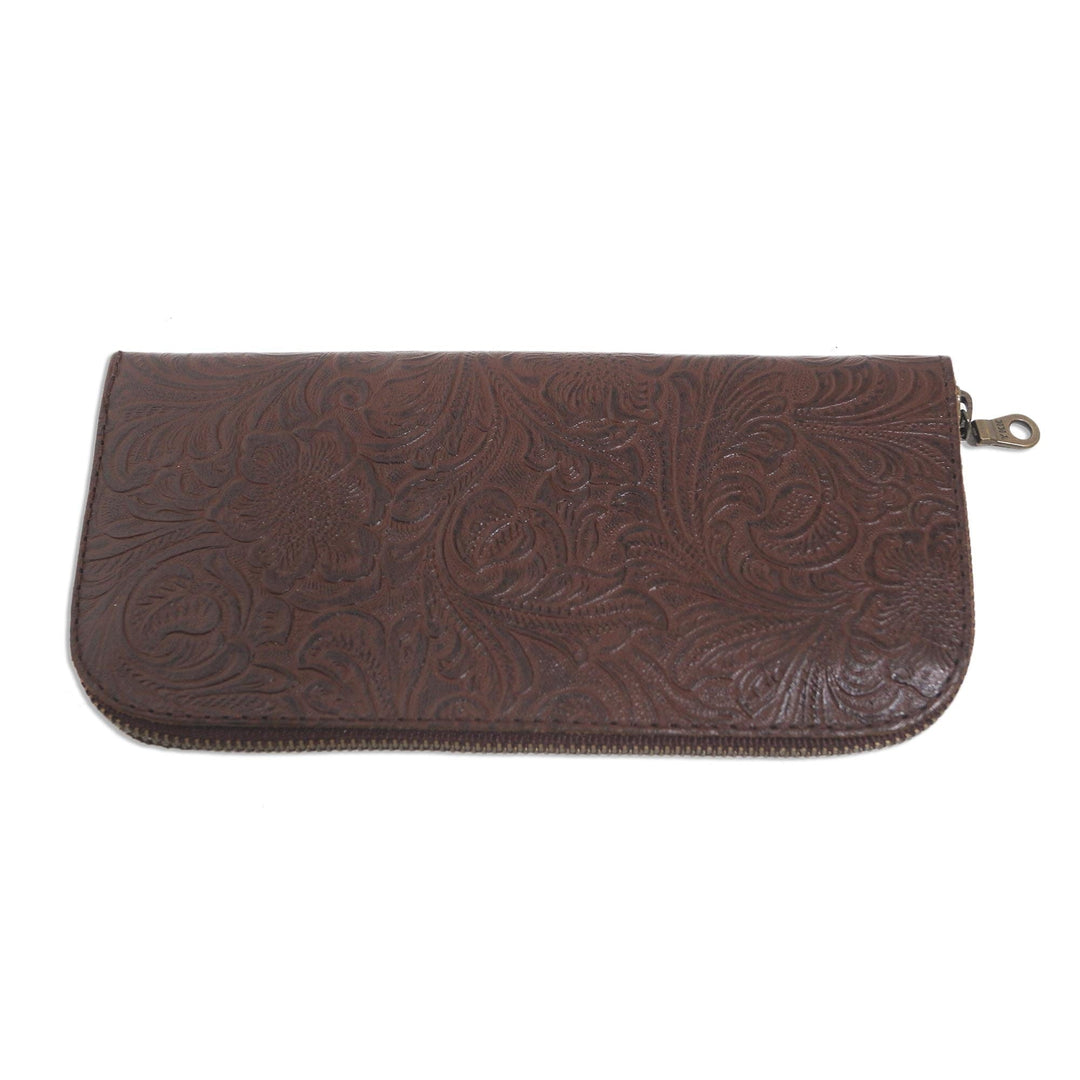 Hand Tooled Brown leather Wallet - Flowers of Ubud in Brown