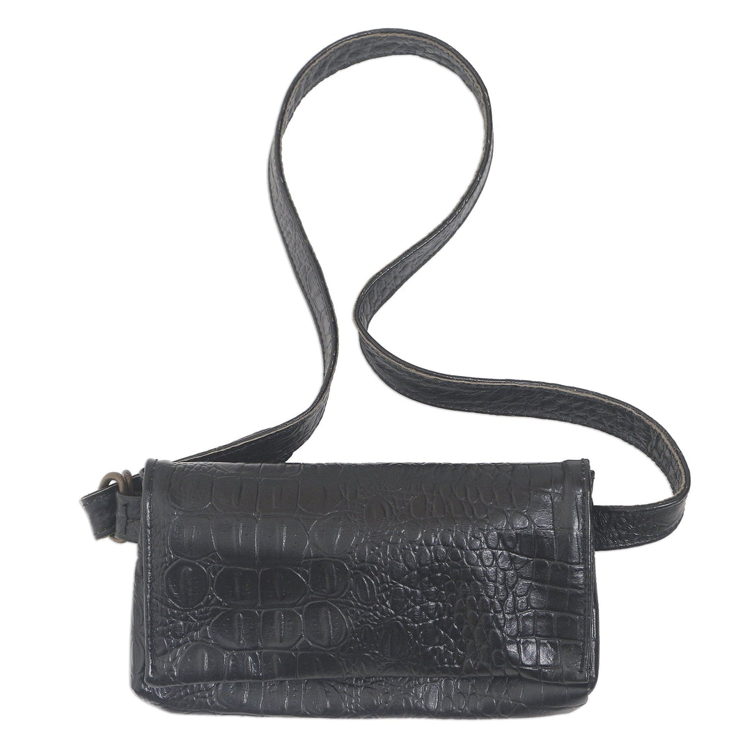 Hand Made Leather Crocodile Texture Waist Bag - Cool Carrier in Black Croco